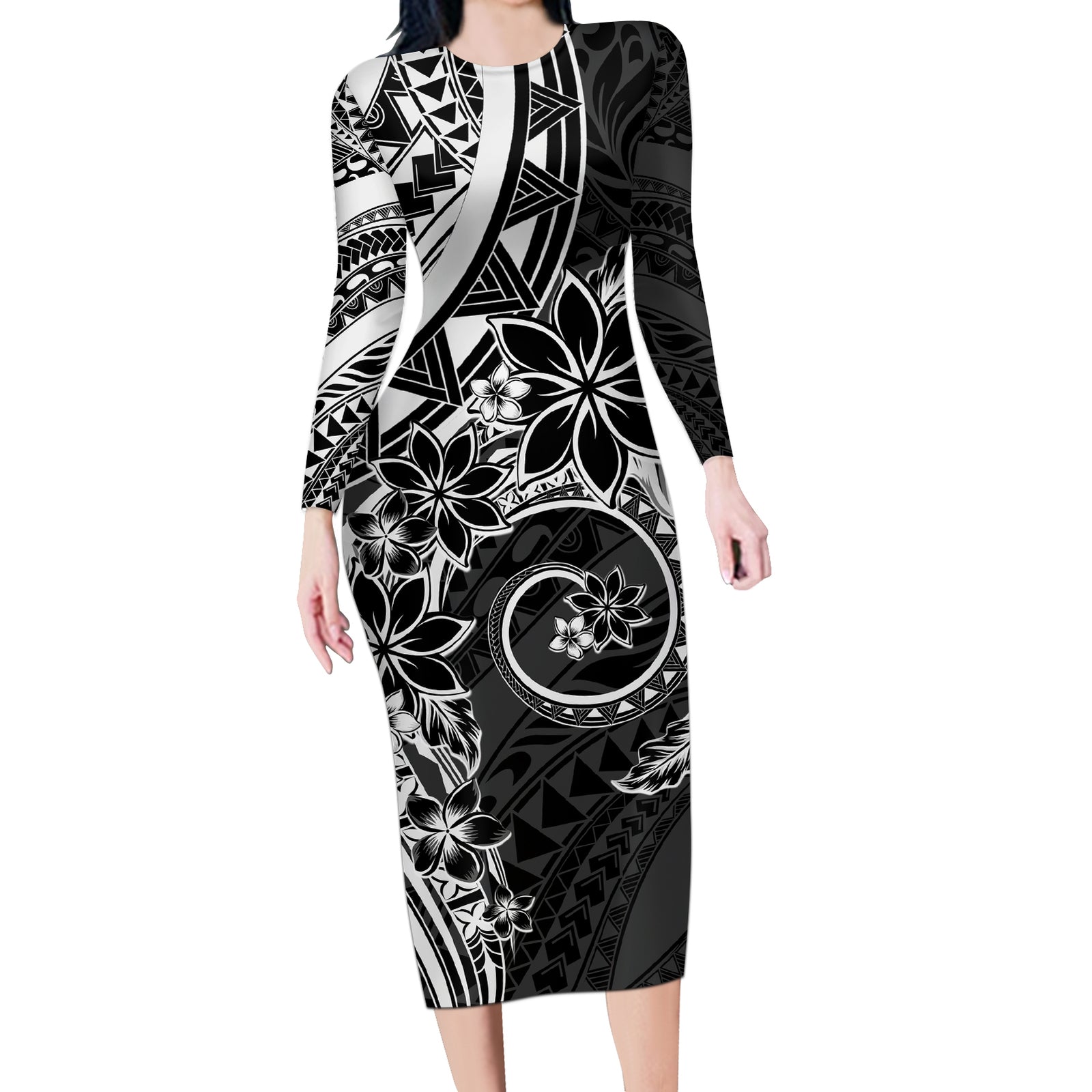 Polynesian Pattern With Plumeria Flowers Long Sleeve Bodycon Dress Black LT05 Long Dress Black - Polynesian Pride