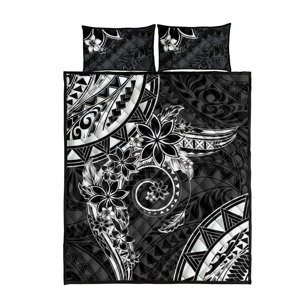 Polynesian Pattern With Plumeria Flowers Quilt Bed Set Black