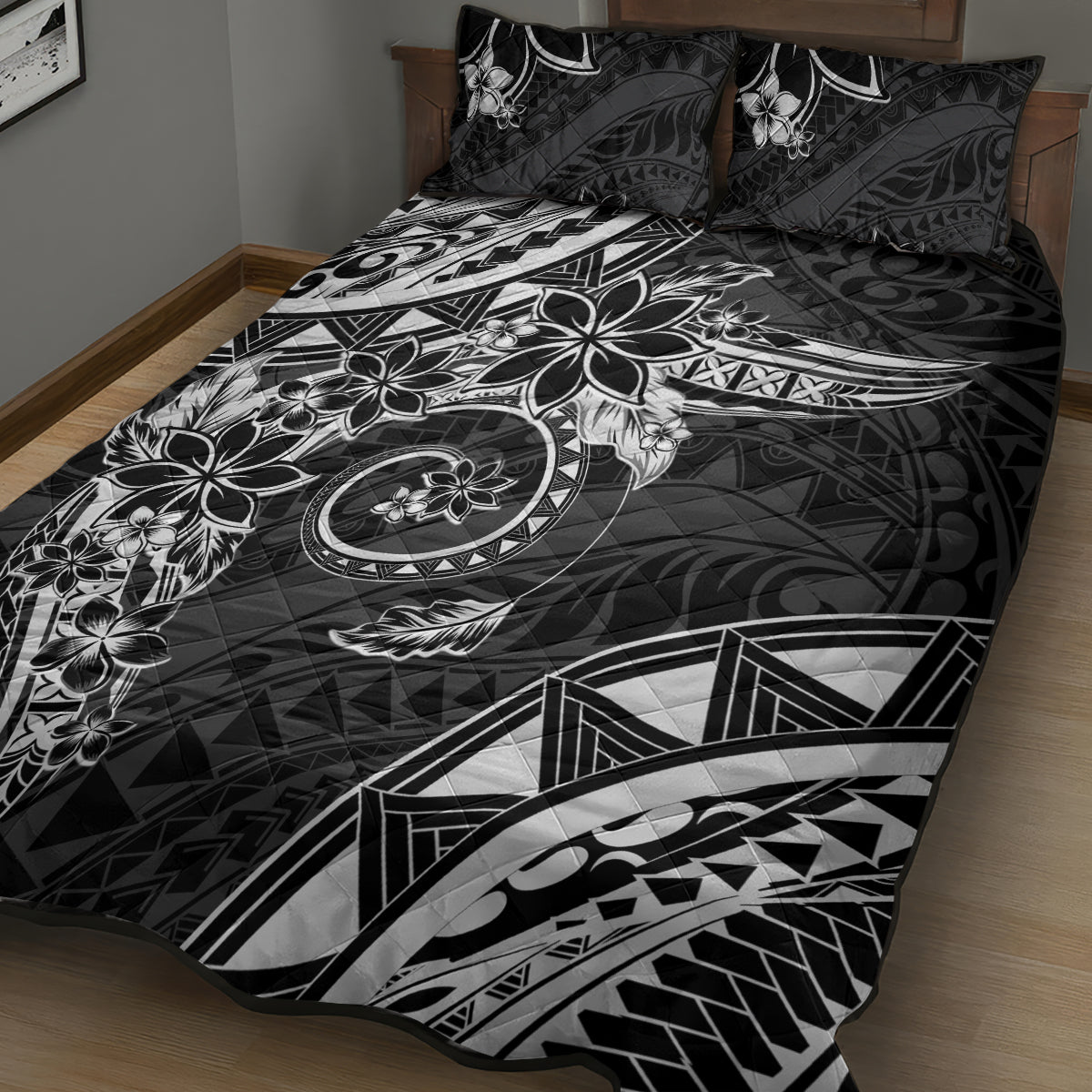 Polynesian Pattern With Plumeria Flowers Quilt Bed Set Black