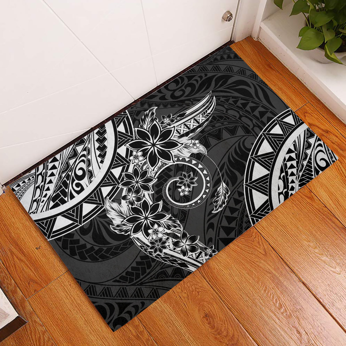 Polynesian Pattern With Plumeria Flowers Rubber Doormat Black
