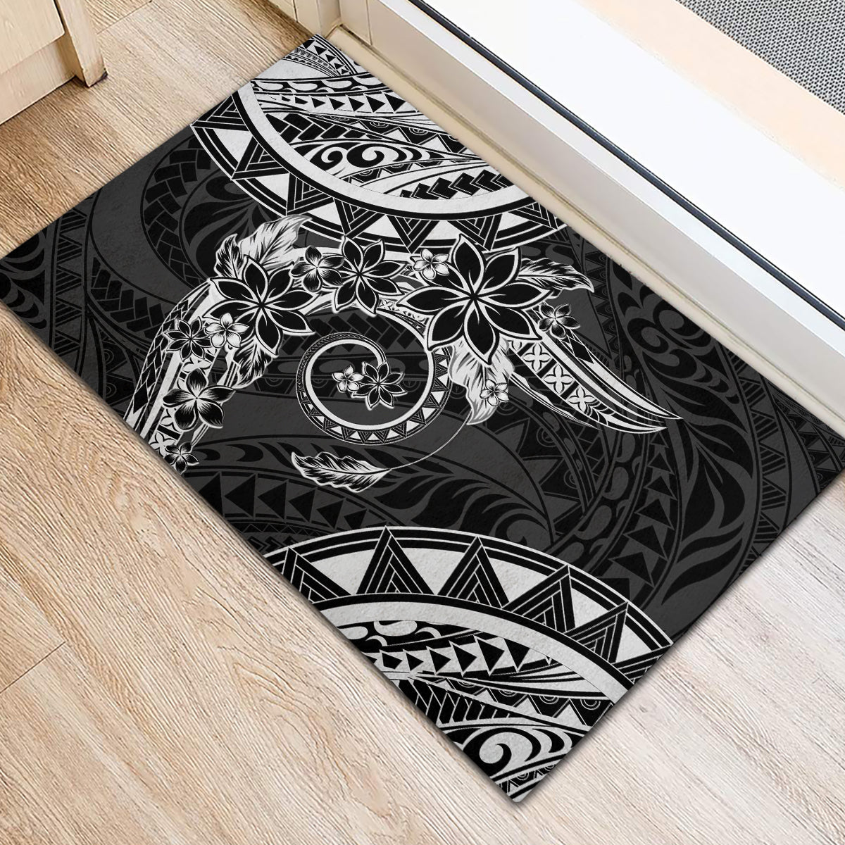 Polynesian Pattern With Plumeria Flowers Rubber Doormat Black