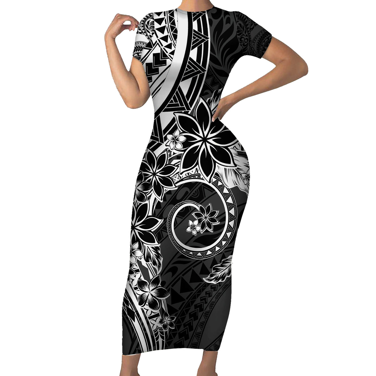 Polynesian Pattern With Plumeria Flowers Short Sleeve Bodycon Dress Black LT05 Long Dress Black - Polynesian Pride