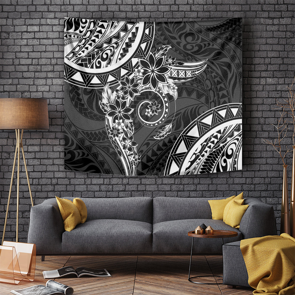 Polynesian Pattern With Plumeria Flowers Tapestry Black