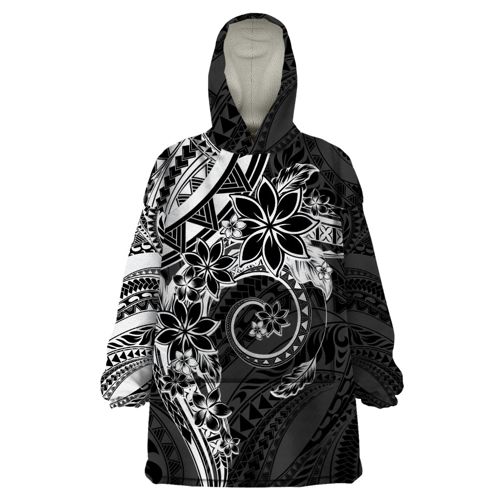 Polynesian Pattern With Plumeria Flowers Wearable Blanket Hoodie Black LT05 One Size Black - Polynesian Pride