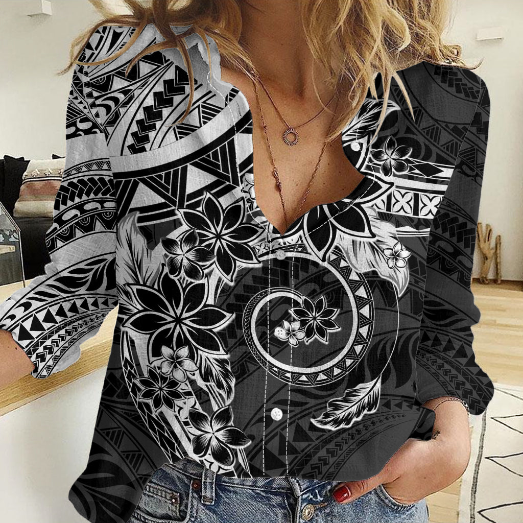 Polynesian Pattern With Plumeria Flowers Women Casual Shirt Black