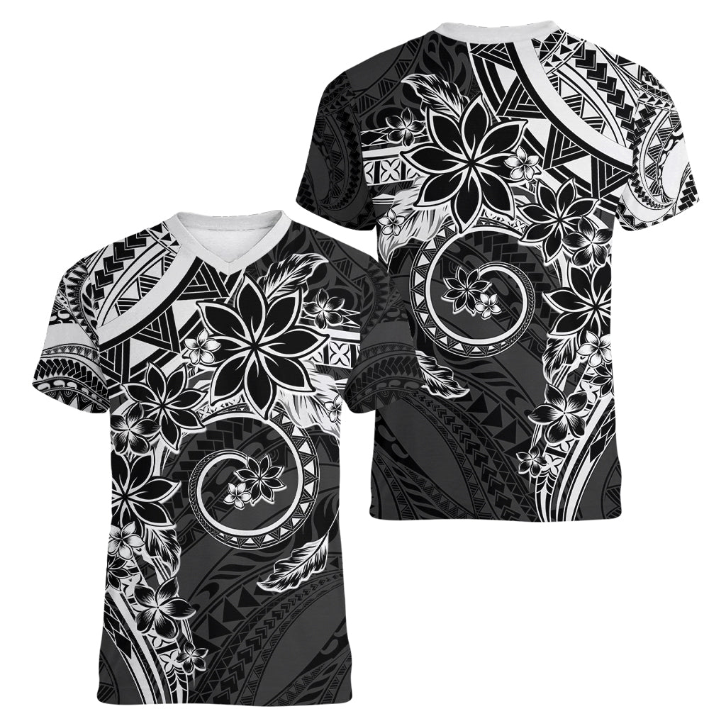 Polynesian Pattern With Plumeria Flowers Women V-Neck T-Shirt Black