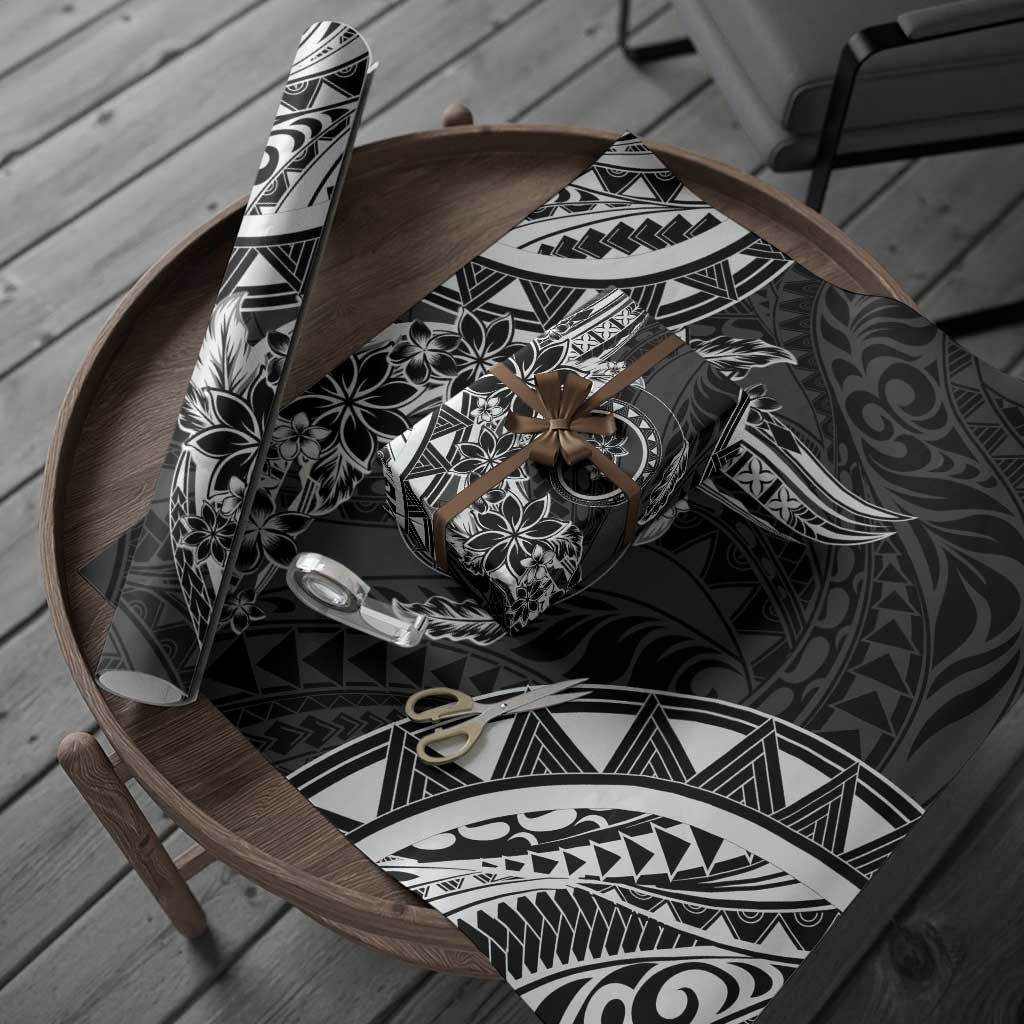 Polynesian Pattern With Plumeria Flowers Wrapping Paper Black - Polynesian Pride