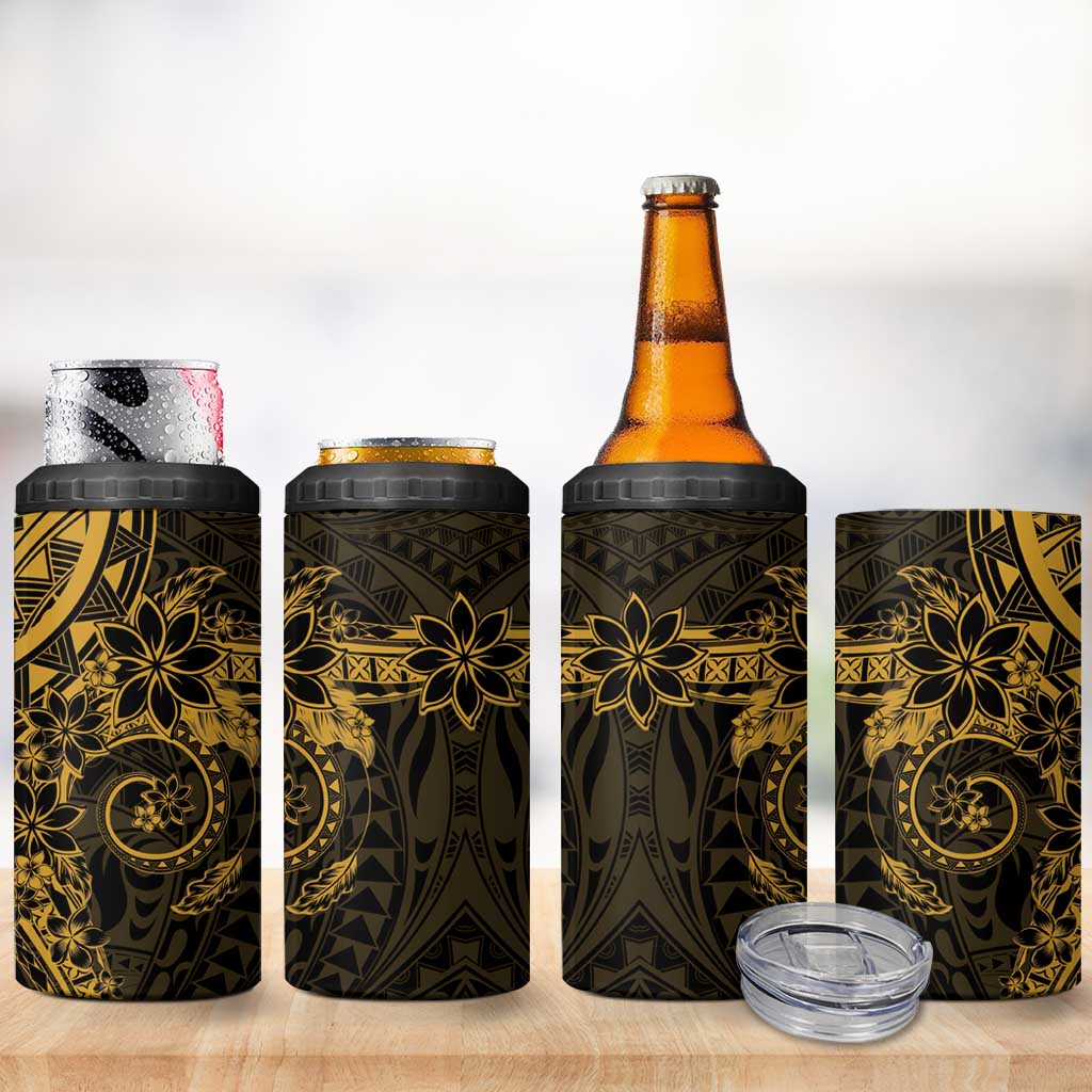 Gold Polynesian Pattern With Plumeria Flowers 4 in 1 Can Cooler Tumbler