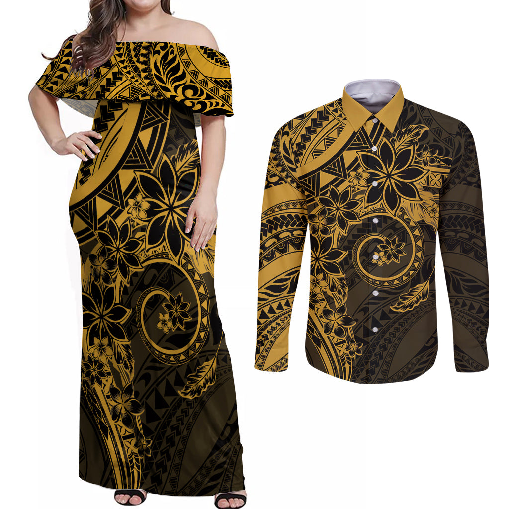 Polynesian Sunset Plumeria Couples Matching Off Shoulder Maxi Dress and Long Sleeve Button Shirt Gold Polynesian Tattoo