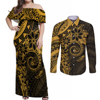 Polynesian Sunset Plumeria Couples Matching Off Shoulder Maxi Dress and Long Sleeve Button Shirt Gold Polynesian Tattoo