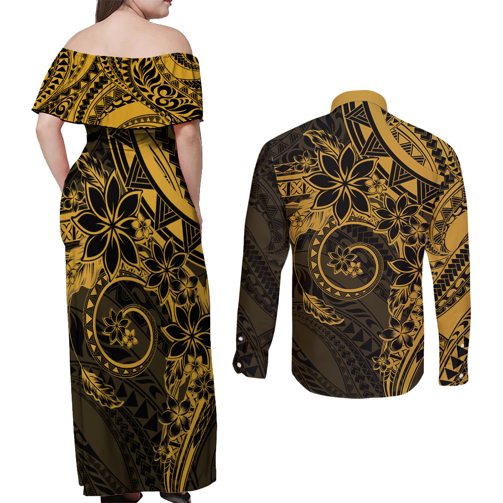 Polynesian Sunset Plumeria Couples Matching Off Shoulder Maxi Dress and Long Sleeve Button Shirt Gold Polynesian Tattoo