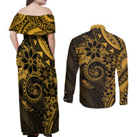 Polynesian Sunset Plumeria Couples Matching Off Shoulder Maxi Dress and Long Sleeve Button Shirt Gold Polynesian Tattoo