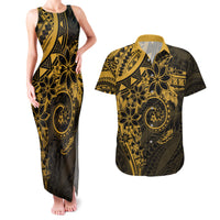 Polynesian Sunset Plumeria Couples Matching Tank Maxi Dress and Hawaiian Shirt Gold Polynesian Tattoo