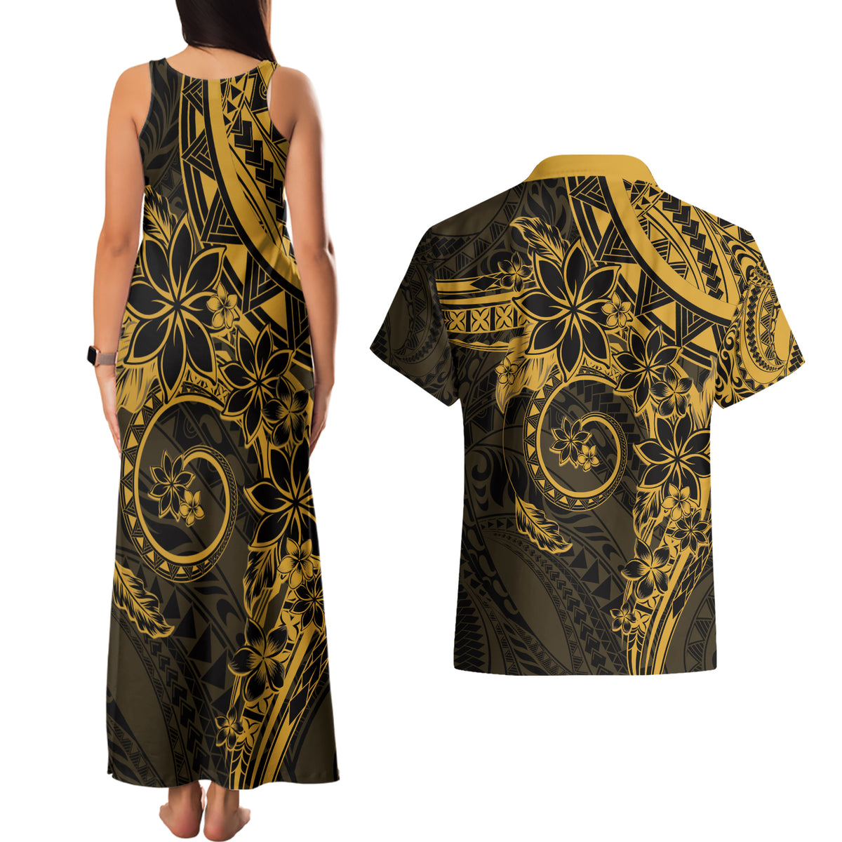 Polynesian Sunset Plumeria Couples Matching Tank Maxi Dress and Hawaiian Shirt Gold Polynesian Tattoo