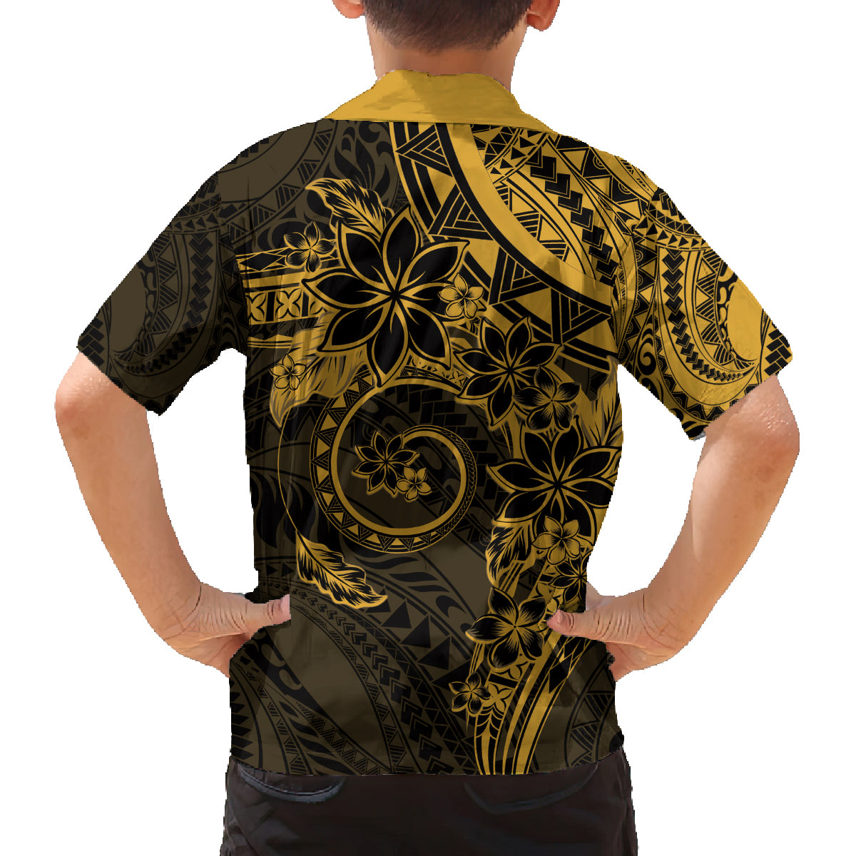 Polynesian Sunset Plumeria Family Matching Off The Shoulder Long Sleeve Dress and Hawaiian Shirt Gold Polynesian Tattoo LT05 - Polynesian Pride