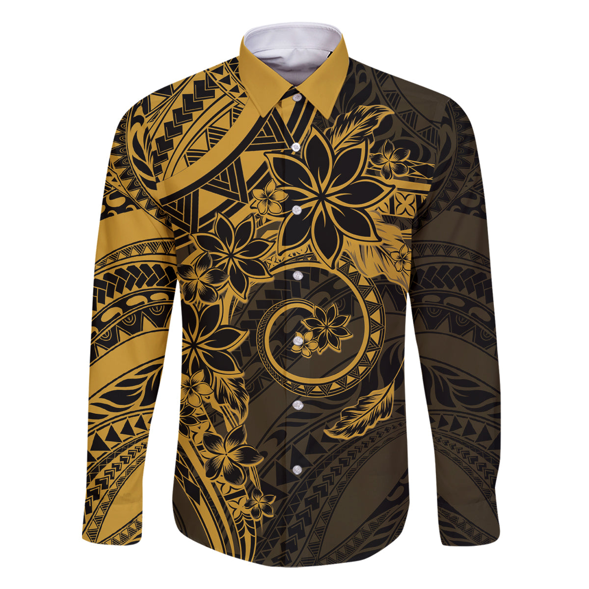 Polynesian Sunset Plumeria Family Matching Off The Shoulder Long Sleeve Dress and Hawaiian Shirt Gold Polynesian Tattoo LT05 Dad's Shirt - Long Sleeve Gold - Polynesian Pride