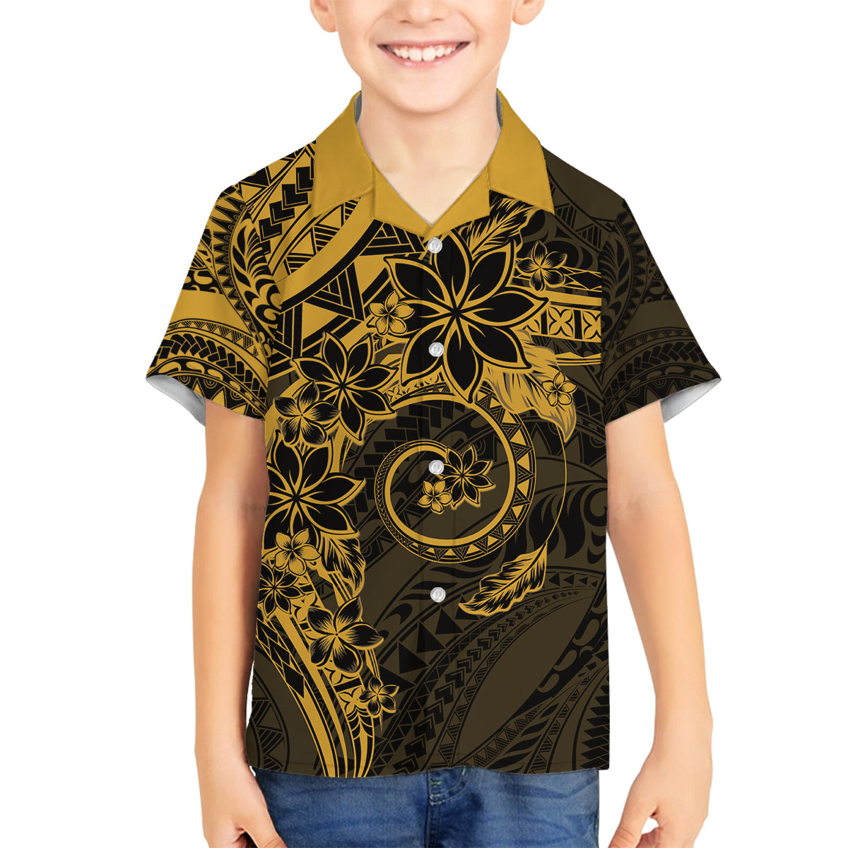 Polynesian Sunset Plumeria Family Matching Off The Shoulder Long Sleeve Dress and Hawaiian Shirt Gold Polynesian Tattoo LT05 Son's Shirt Gold - Polynesian Pride