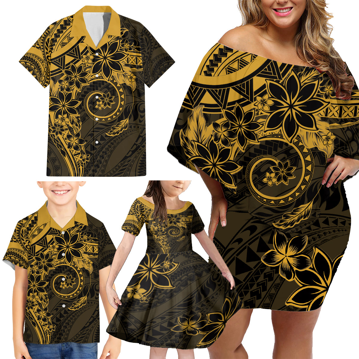 Polynesian Sunset Plumeria Family Matching Off Shoulder Short Dress and Hawaiian Shirt Gold Polynesian Tattoo