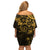 Polynesian Sunset Plumeria Family Matching Off Shoulder Short Dress and Hawaiian Shirt Gold Polynesian Tattoo