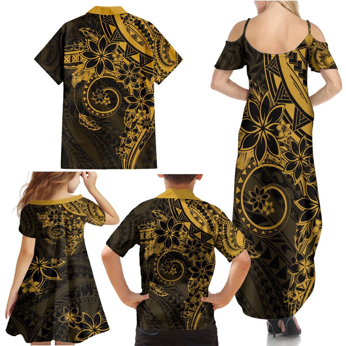 Polynesian Sunset Plumeria Family Matching Summer Maxi Dress and Hawaiian Shirt Gold Polynesian Tattoo