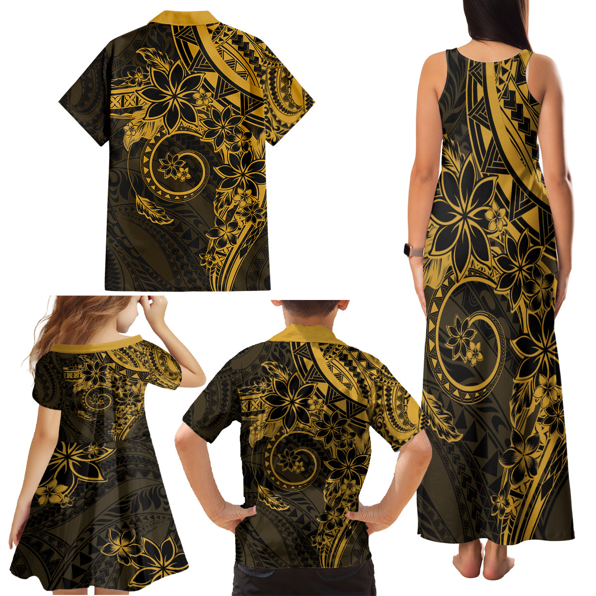 Polynesian Sunset Plumeria Family Matching Tank Maxi Dress and Hawaiian Shirt Gold Polynesian Tattoo
