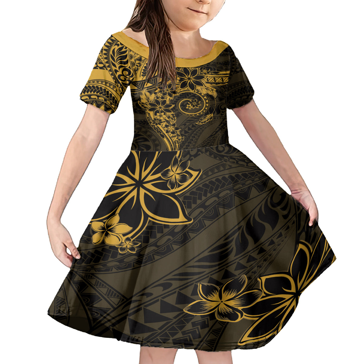 Polynesian Sunset Plumeria Kid Short Sleeve Dress Gold Polynesian Tattoo