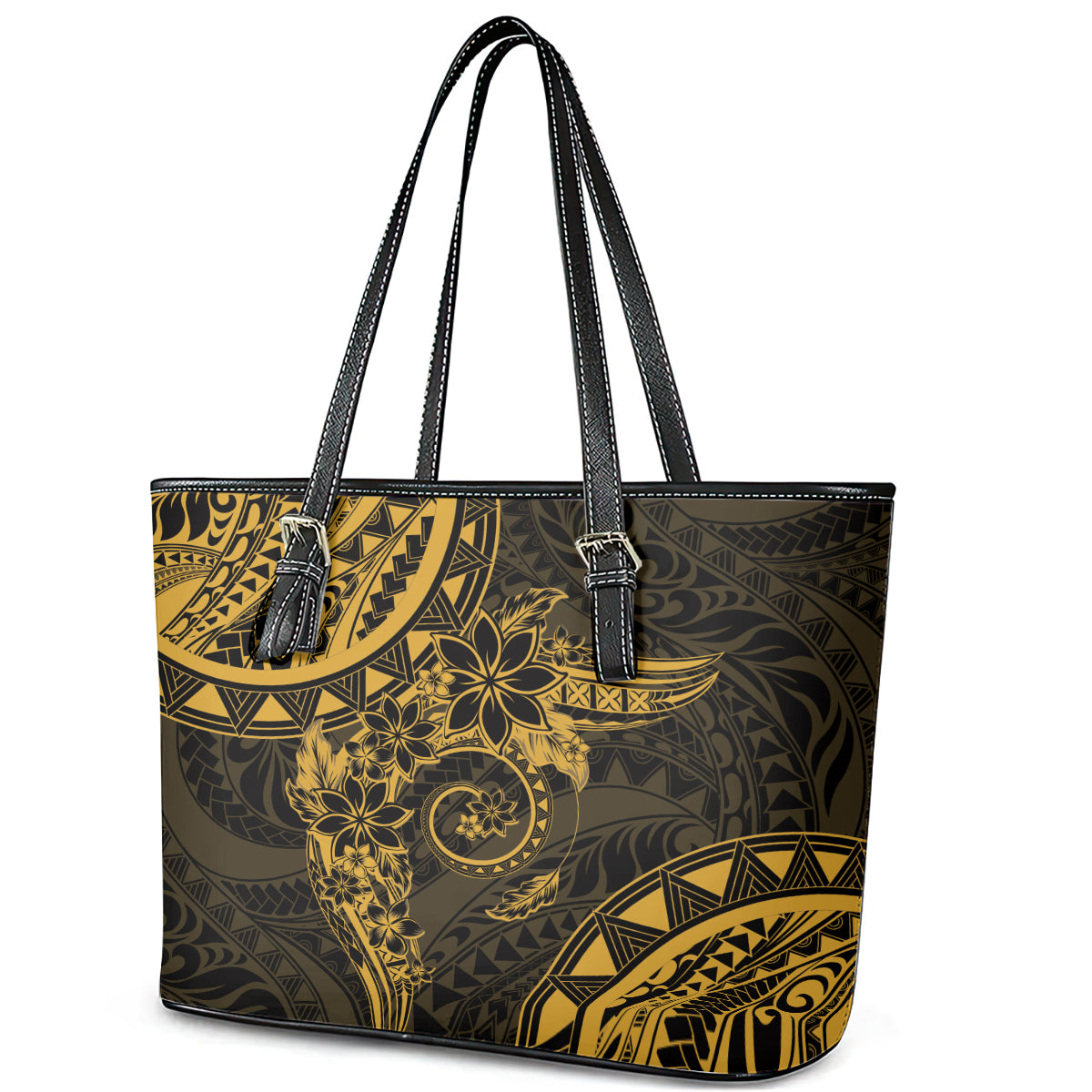 Polynesian Sunset Plumeria Leather Tote Bag Gold Polynesian Tattoo
