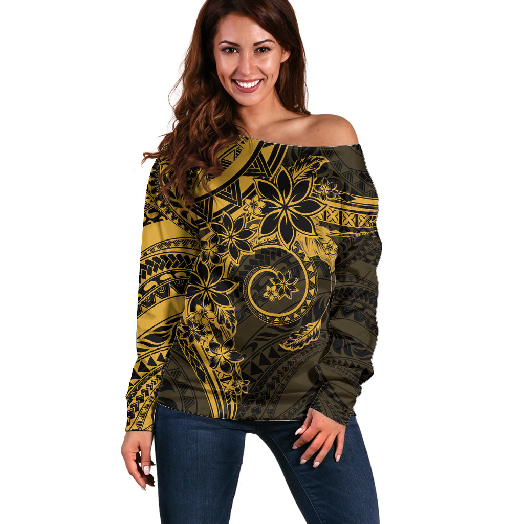 Polynesian Sunset Plumeria Off Shoulder Sweater Gold Polynesian Tattoo LT05 Women Gold - Polynesian Pride