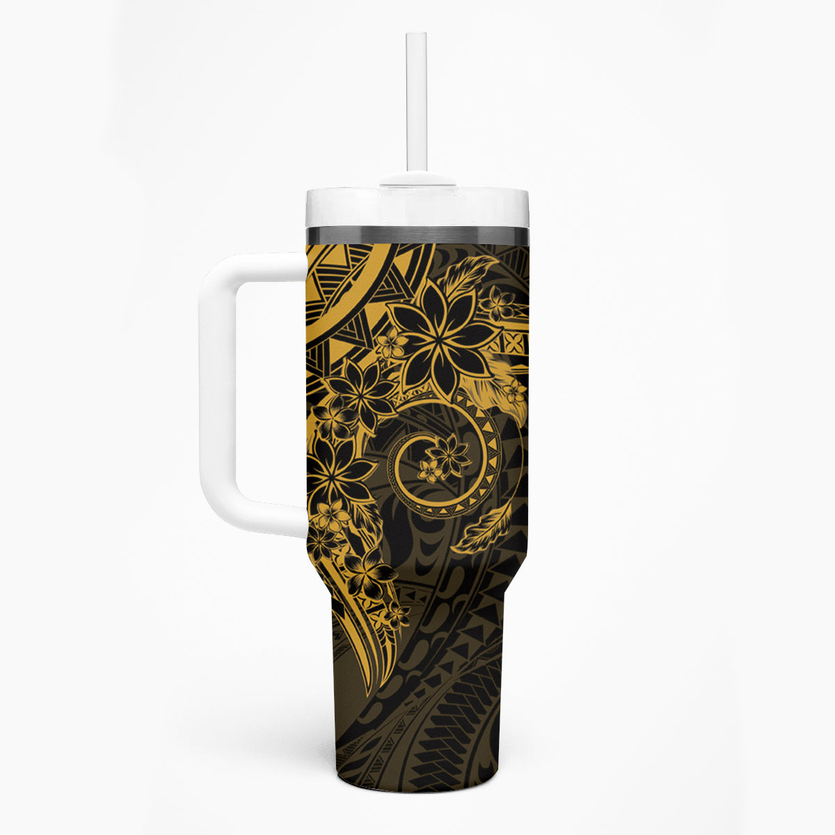 Gold Polynesian Pattern With Plumeria Flowers Tumbler With Handle