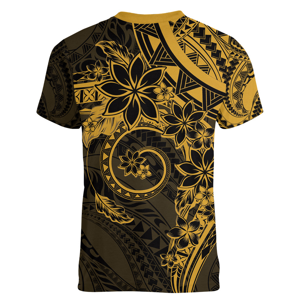 Polynesian Sunset Plumeria Women V-Neck T-Shirt Gold Polynesian Tattoo