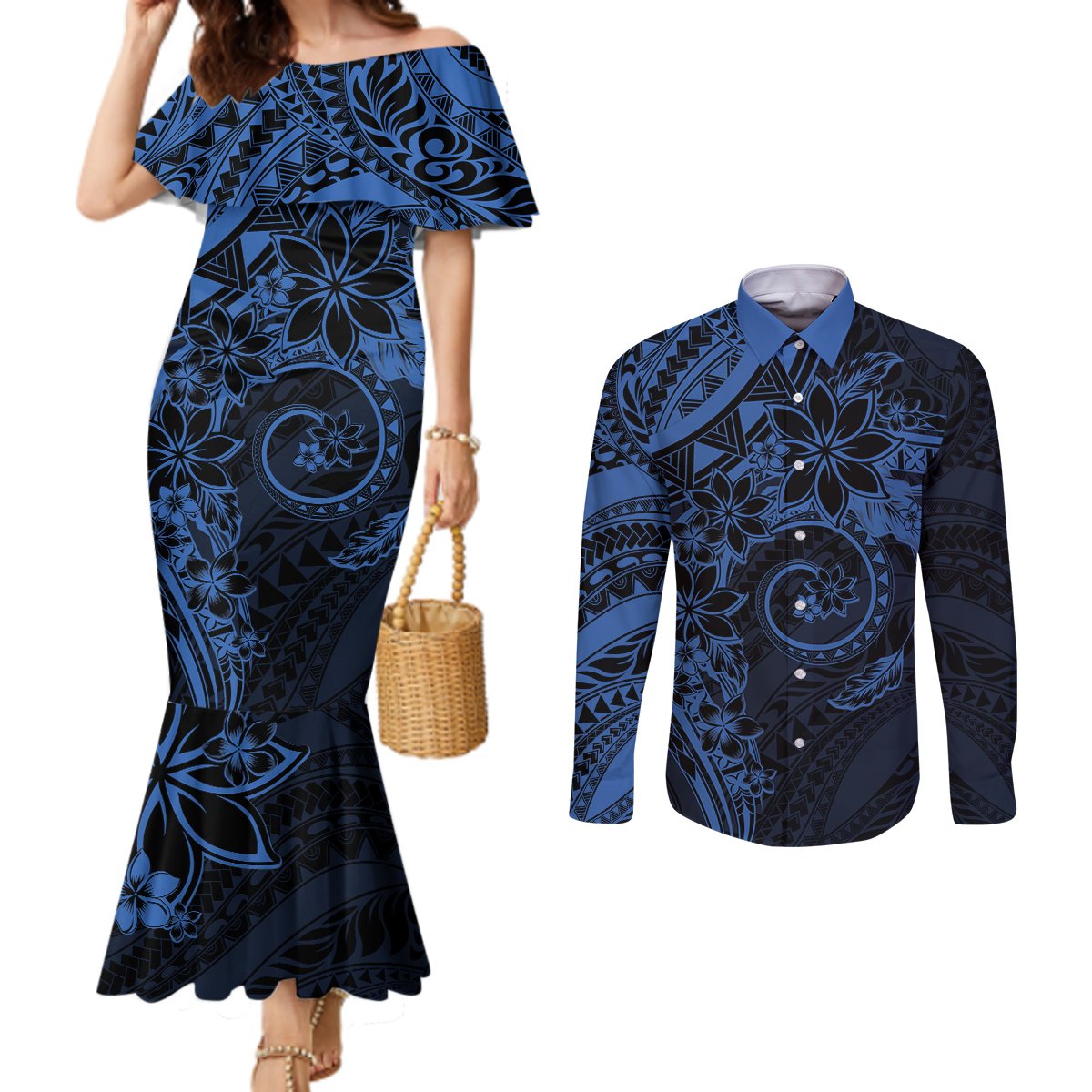 Polynesian Sunset Plumeria Couples Matching Mermaid Dress and Long Sleeve Button Shirt Navy Polynesian Tattoo
