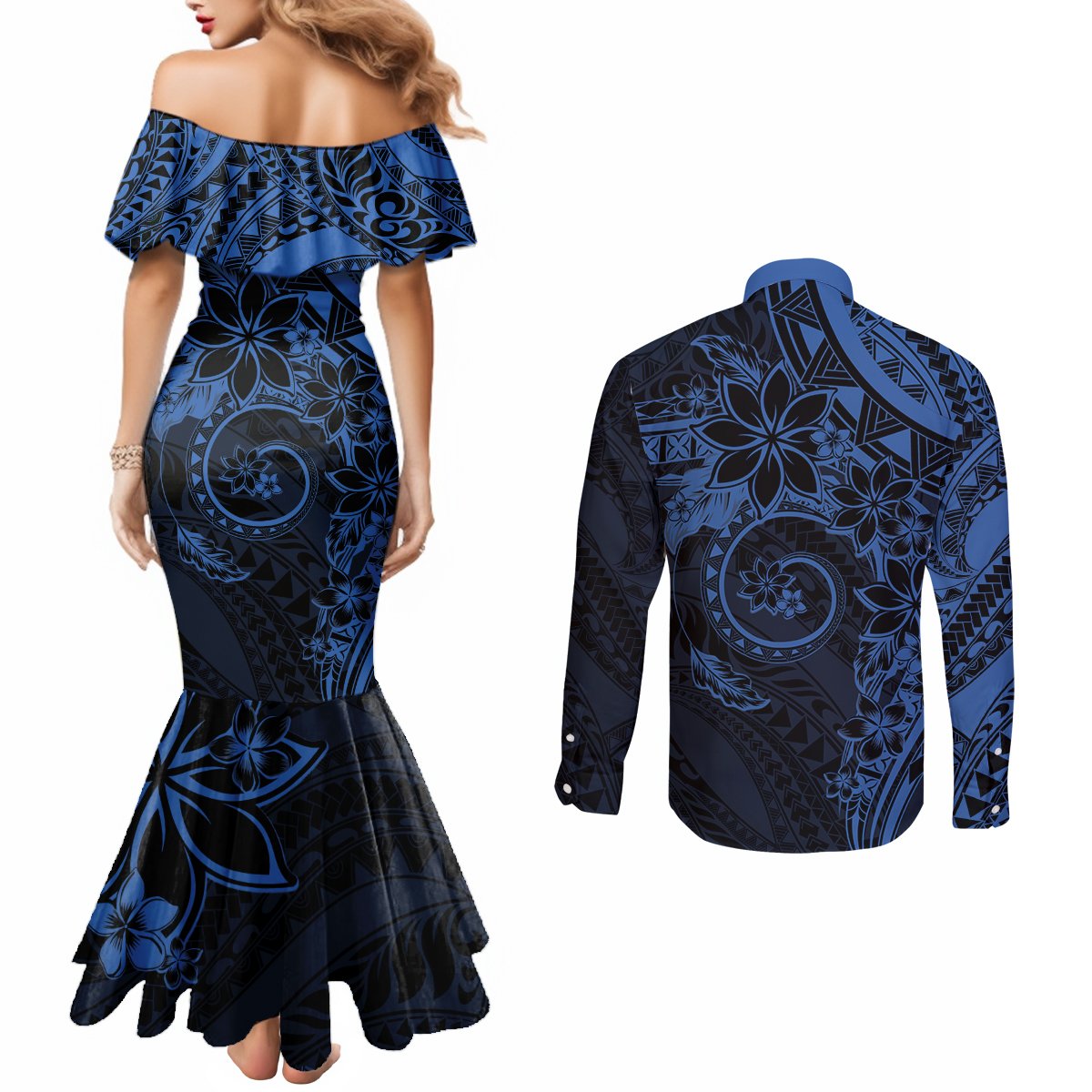 Polynesian Sunset Plumeria Couples Matching Mermaid Dress and Long Sleeve Button Shirt Navy Polynesian Tattoo