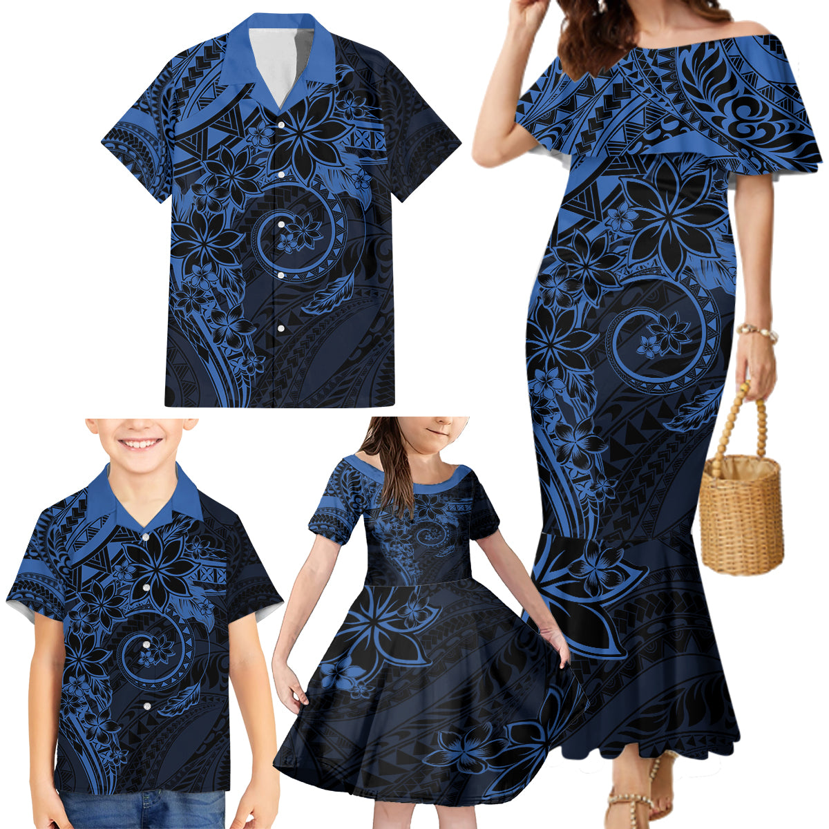 Polynesian Sunset Plumeria Family Matching Mermaid Dress and Hawaiian Shirt Navy Polynesian Tattoo