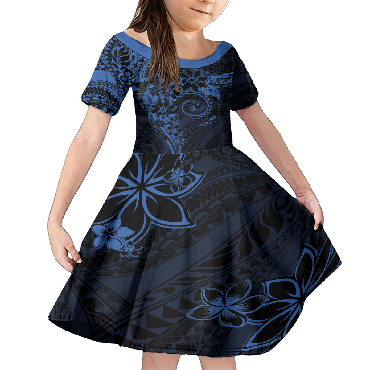 Polynesian Sunset Plumeria Family Matching Off The Shoulder Long Sleeve Dress and Hawaiian Shirt Navy Polynesian Tattoo LT05 Daughter's Dress Navy - Polynesian Pride