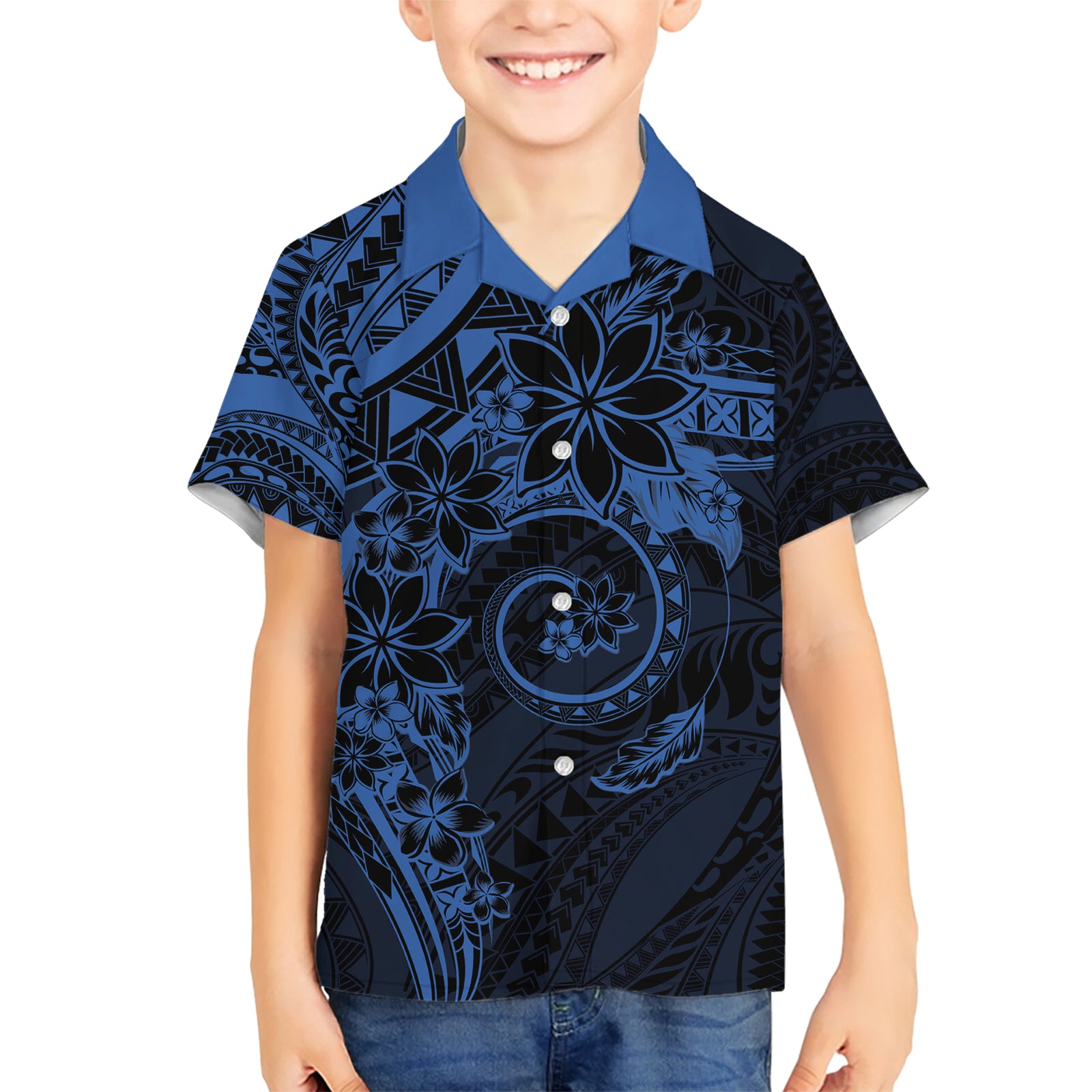 Polynesian Sunset Plumeria Kid Hawaiian Shirt Navy Polynesian Tattoo LT05 Kid Navy - Polynesian Pride