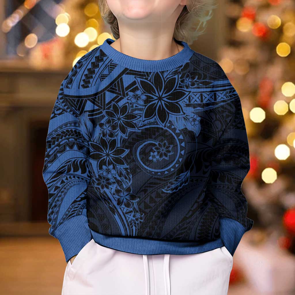 Polynesian Sunset Plumeria Kid Ugly Christmas Sweater Navy Polynesian Tattoo