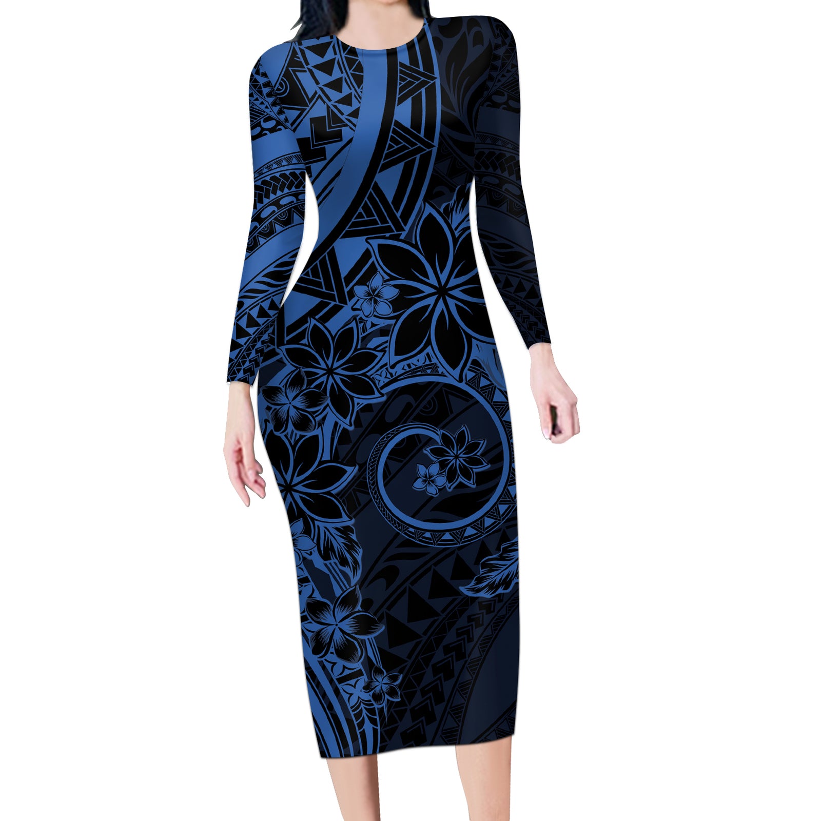 Polynesian Sunset Plumeria Long Sleeve Bodycon Dress Navy Polynesian Tattoo LT05 Long Dress Navy - Polynesian Pride