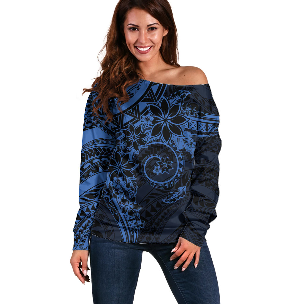 Polynesian Sunset Plumeria Off Shoulder Sweater Navy Polynesian Tattoo LT05 Women Navy - Polynesian Pride