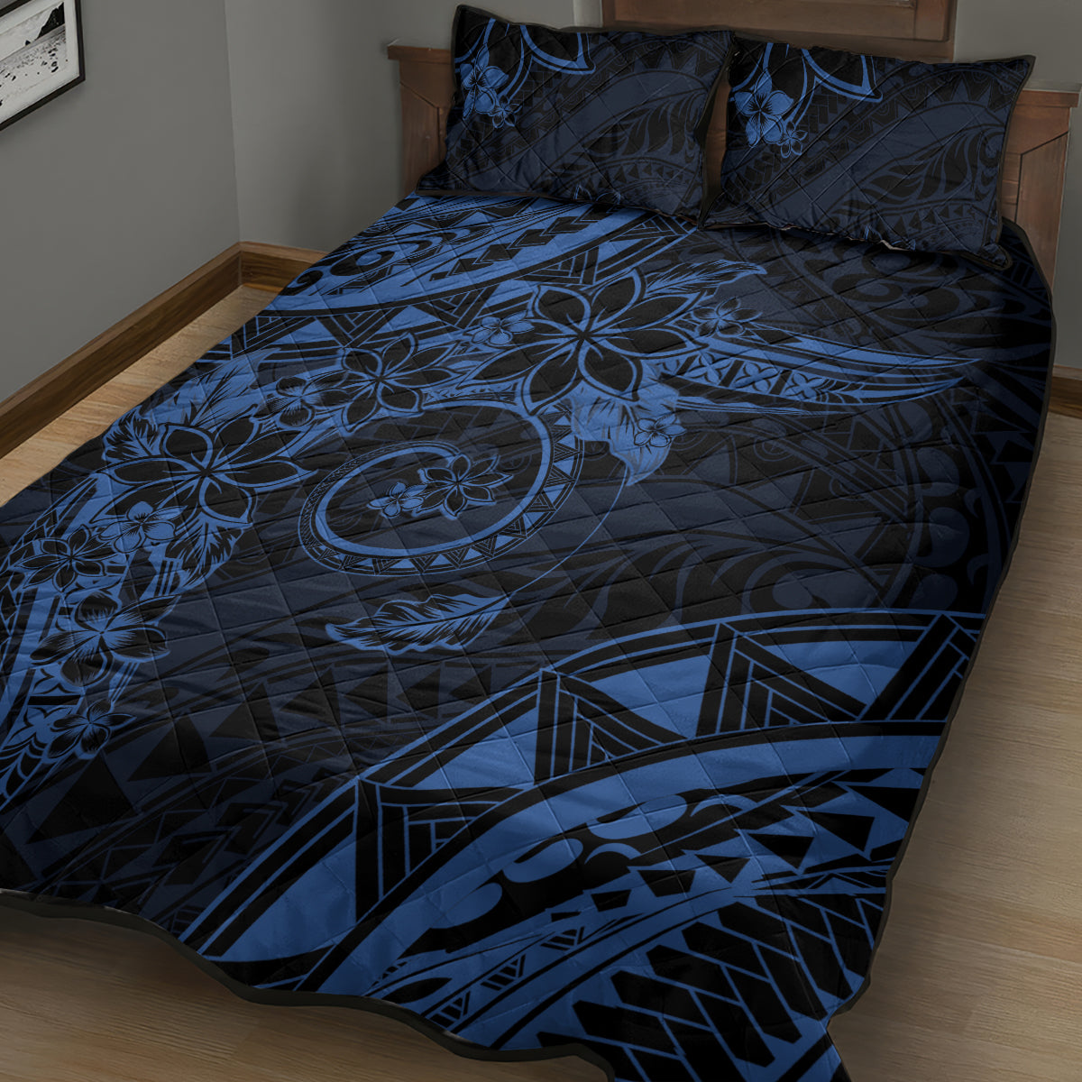 Polynesian Sunset Plumeria Quilt Bed Set Navy Polynesian Tattoo