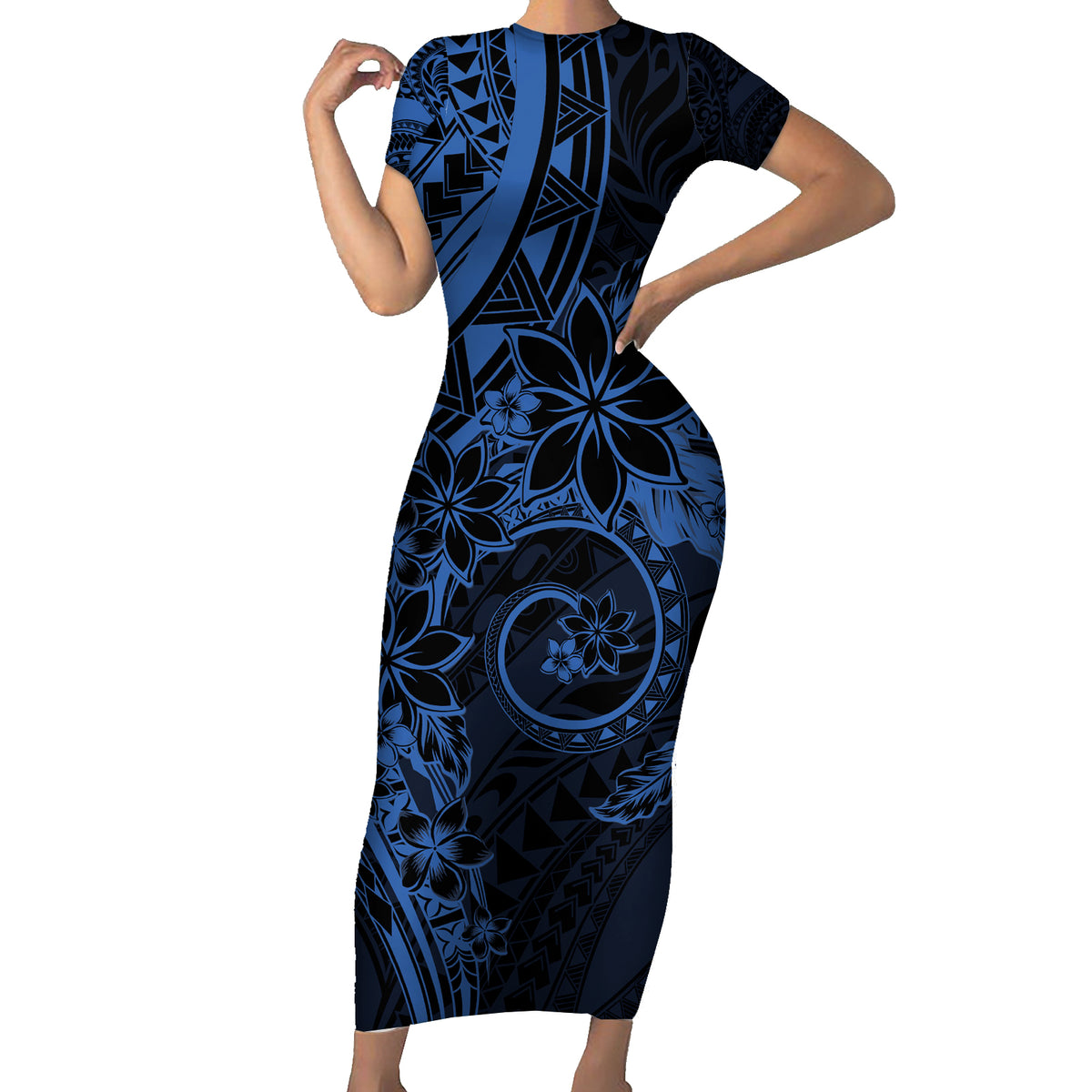 Polynesian Sunset Plumeria Short Sleeve Bodycon Dress Navy Polynesian Tattoo LT05 Long Dress Navy - Polynesian Pride