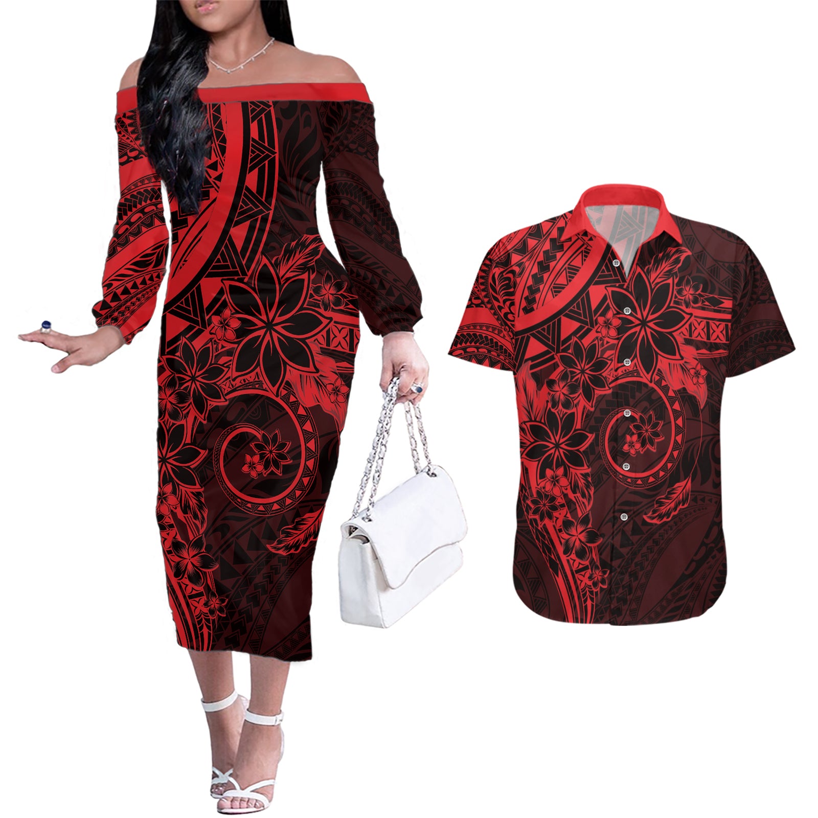 Polynesian Sunset Plumeria Couples Matching Off The Shoulder Long Sleeve Dress and Hawaiian Shirt Red Polynesian Tattoo LT05 Red - Polynesian Pride