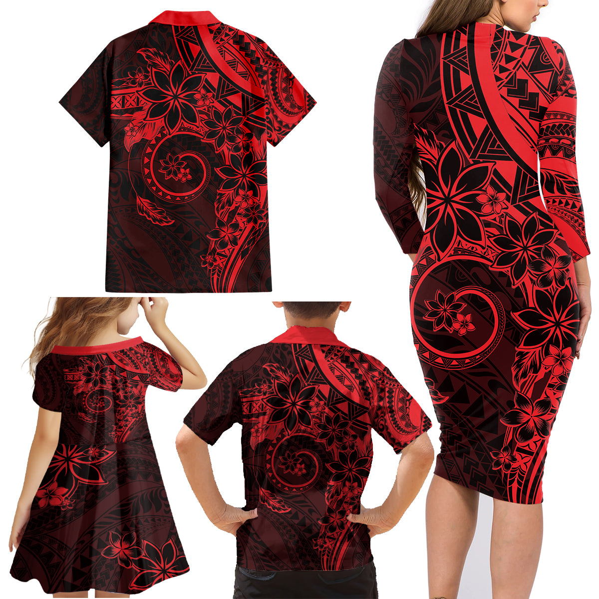 Polynesian Sunset Plumeria Family Matching Long Sleeve Bodycon Dress and Hawaiian Shirt Red Polynesian Tattoo