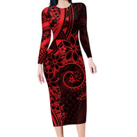Polynesian Sunset Plumeria Family Matching Long Sleeve Bodycon Dress and Hawaiian Shirt Red Polynesian Tattoo