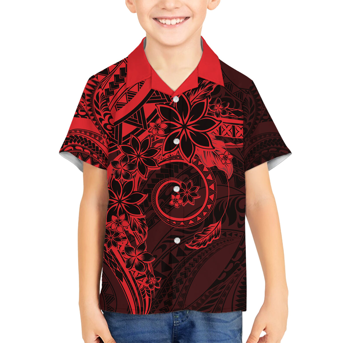 Polynesian Sunset Plumeria Family Matching Off The Shoulder Long Sleeve Dress and Hawaiian Shirt Red Polynesian Tattoo LT05 Son's Shirt Red - Polynesian Pride