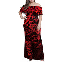 Polynesian Sunset Plumeria Family Matching Off Shoulder Maxi Dress and Hawaiian Shirt Red Polynesian Tattoo