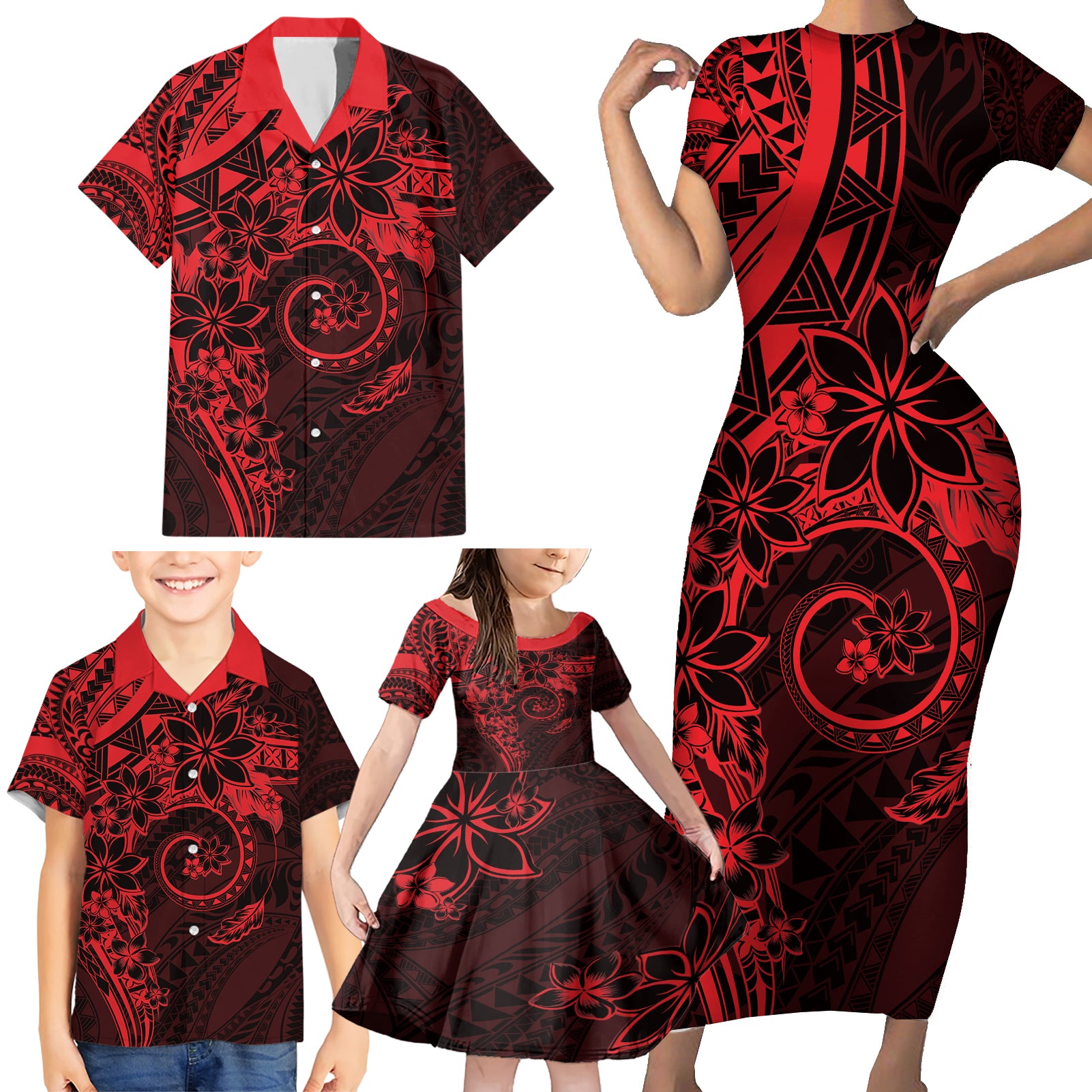 Polynesian Sunset Plumeria Family Matching Short Sleeve Bodycon Dress and Hawaiian Shirt Red Polynesian Tattoo