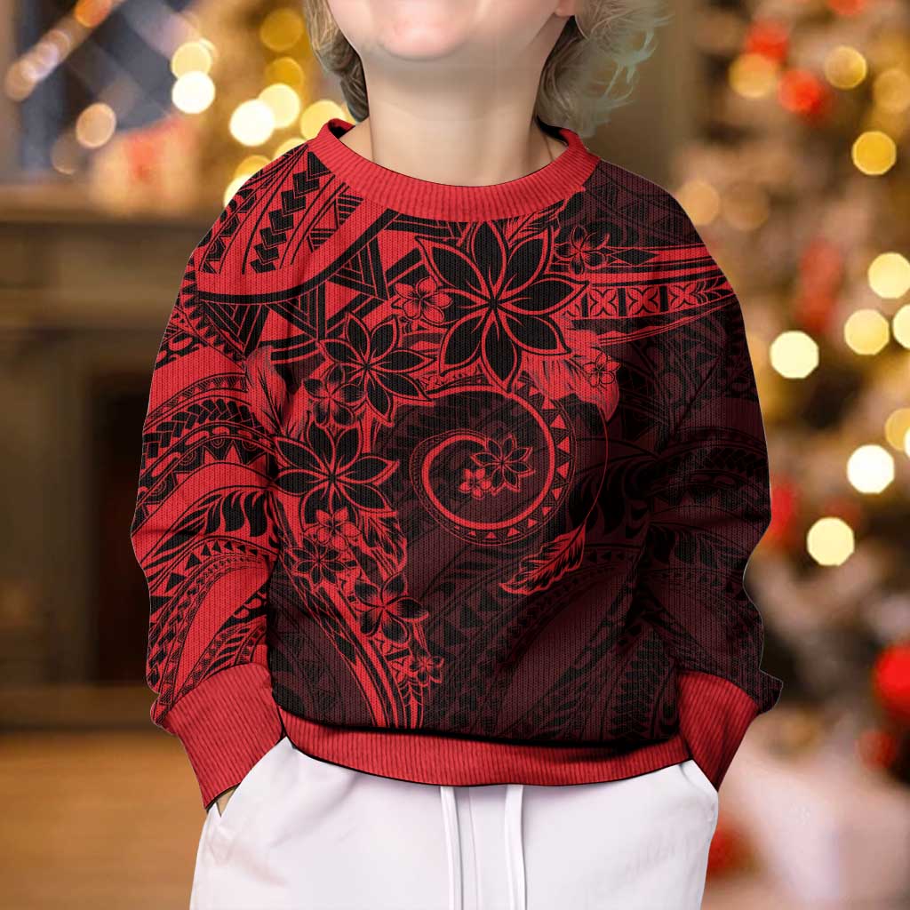 Polynesian Sunset Plumeria Kid Ugly Christmas Sweater Red Polynesian Tattoo