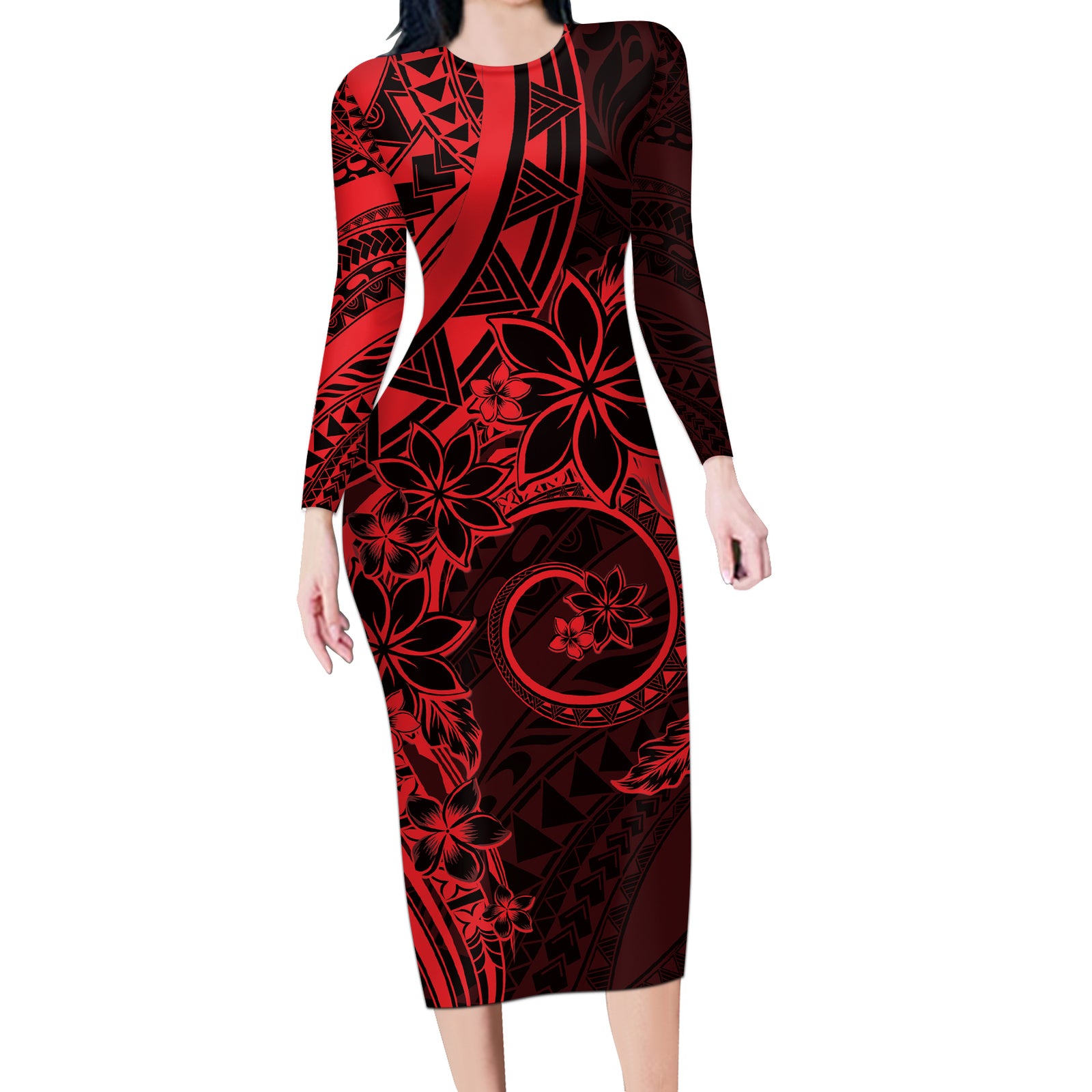 Polynesian Sunset Plumeria Long Sleeve Bodycon Dress Red Polynesian Tattoo LT05 Long Dress Red - Polynesian Pride