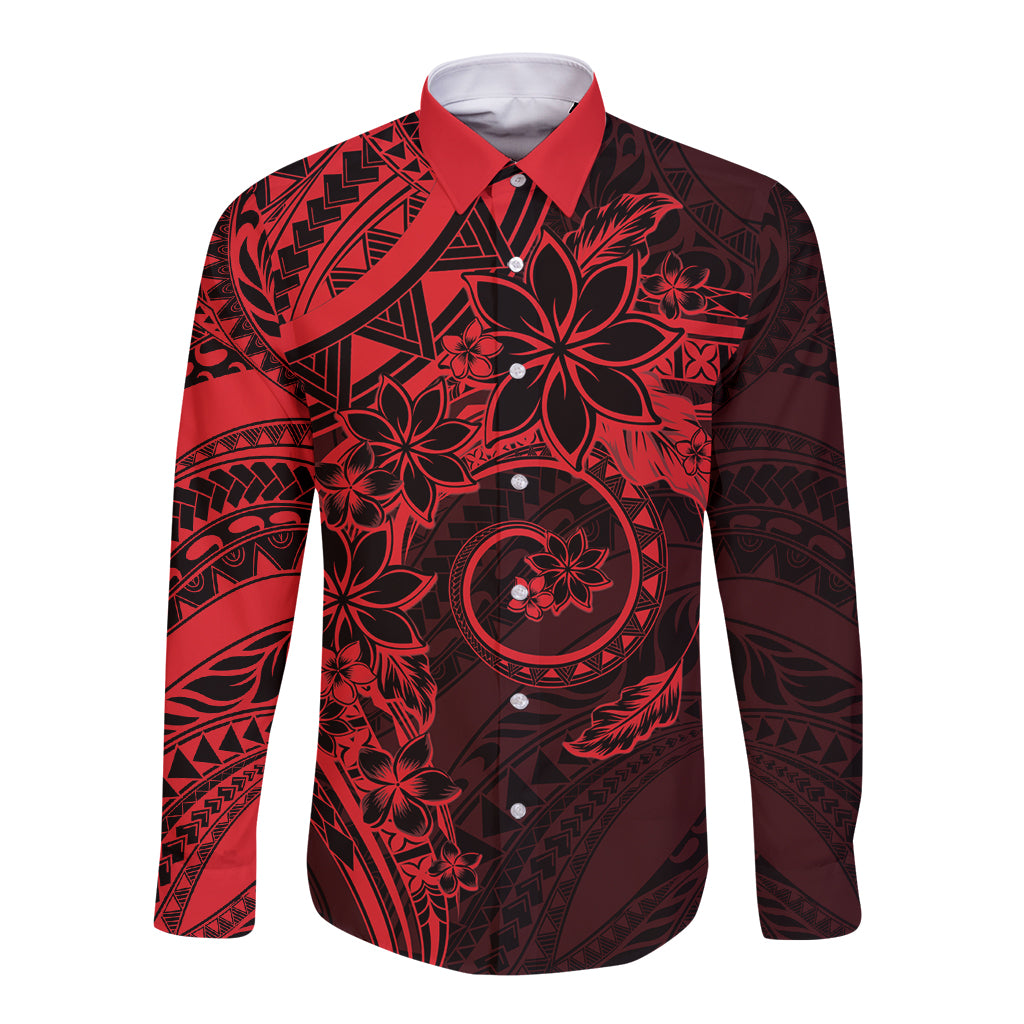Polynesian Sunset Plumeria Long Sleeve Button Shirt Red Polynesian Tattoo LT05 Unisex Red - Polynesian Pride