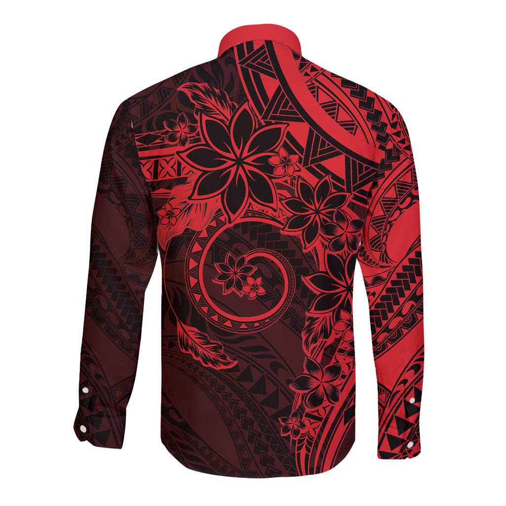 Polynesian Sunset Plumeria Long Sleeve Button Shirt Red Polynesian Tattoo